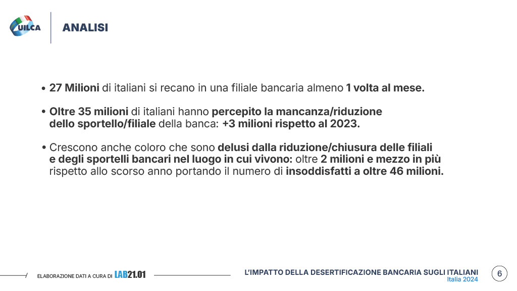 Rapporto Uilca 2024 desertificazione bancaria pagina 6