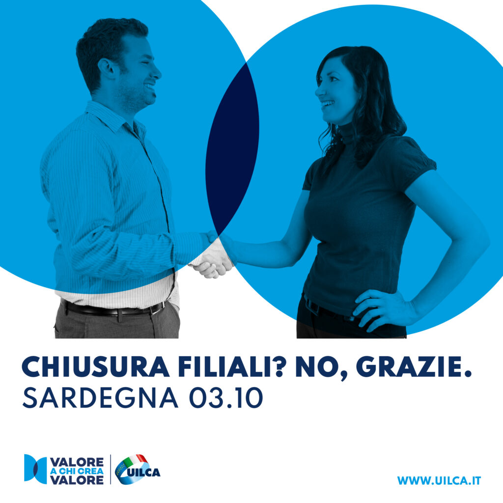 Locandina della campagna Uilca "Chiusura filiali? No grazie." contro il fenomeno della desertificazione bancaria. Settima tappa in Sardegna.